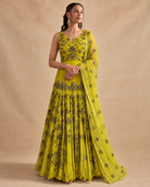 Zinnia Lime-Yellow Anarkali Set by House of Somarra — Yellow Antique Gold Vine Anarkali, product photo 4.