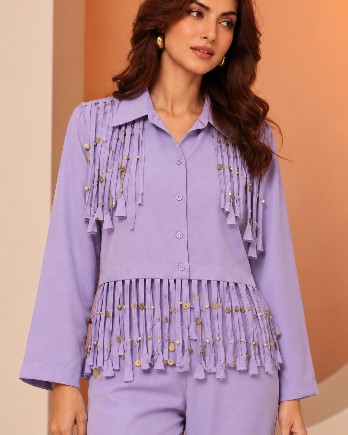 Lavanya by House of Somarra — Lilac Fringe Shirt Co-ord, product photo 5.