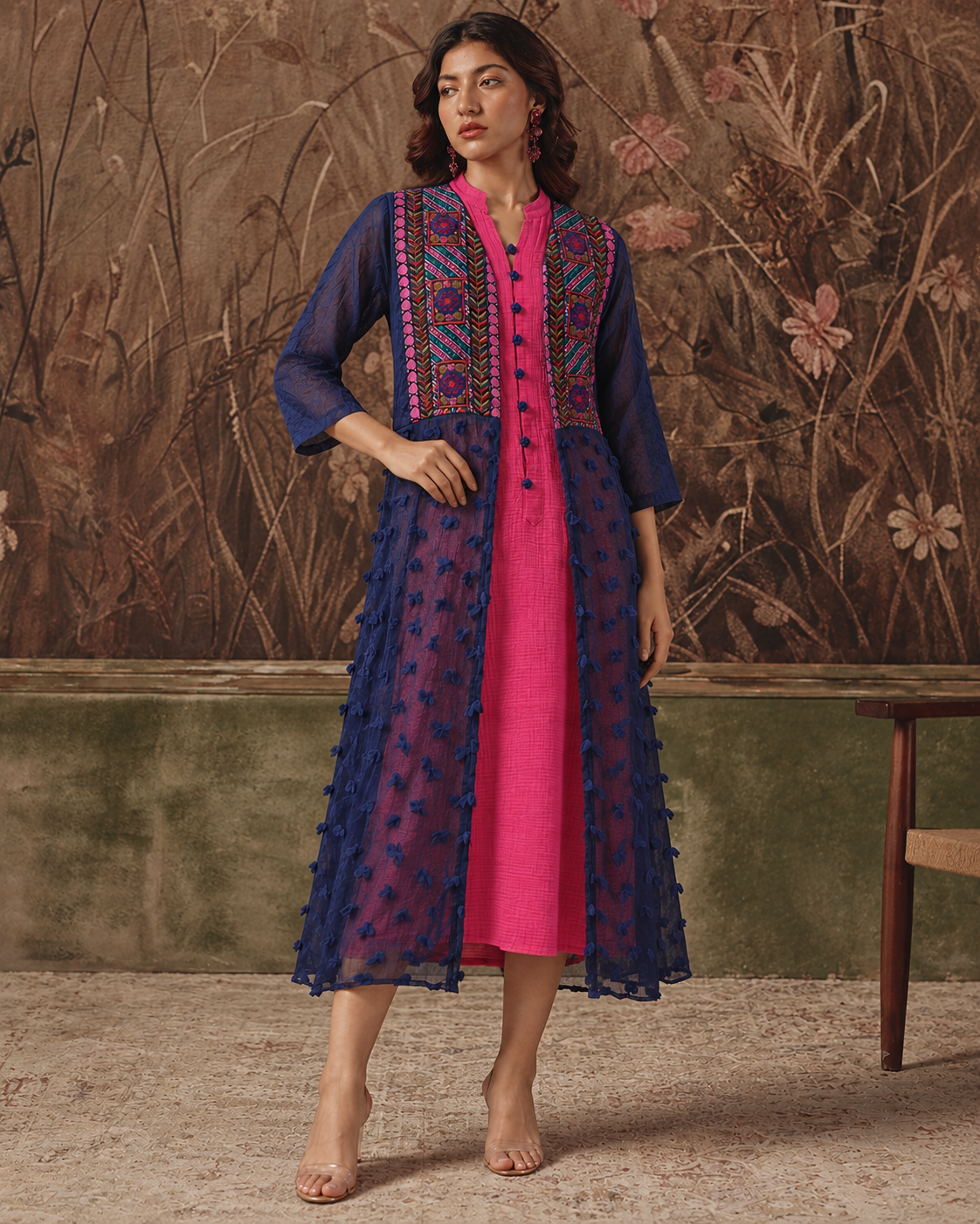 Naavya by House of Somarra — Navy Geometric Embroidered Sheer Tunic Set, product photo 1.