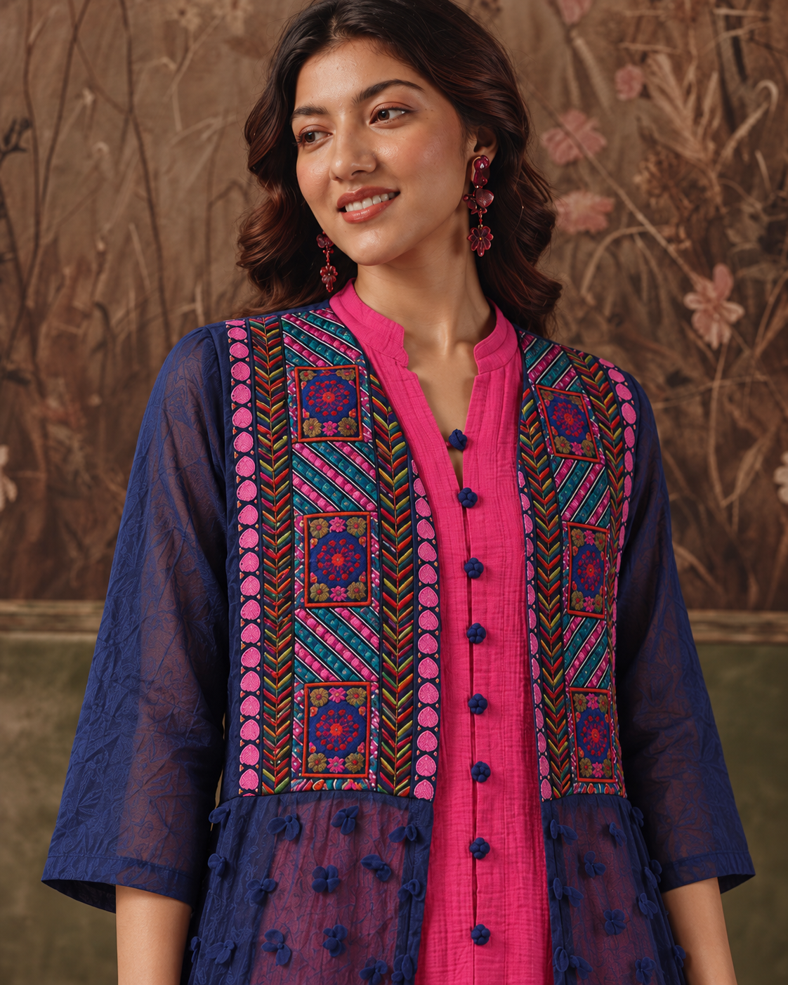 Naavya by House of Somarra — Navy Geometric Embroidered Sheer Tunic Set, product photo 4.