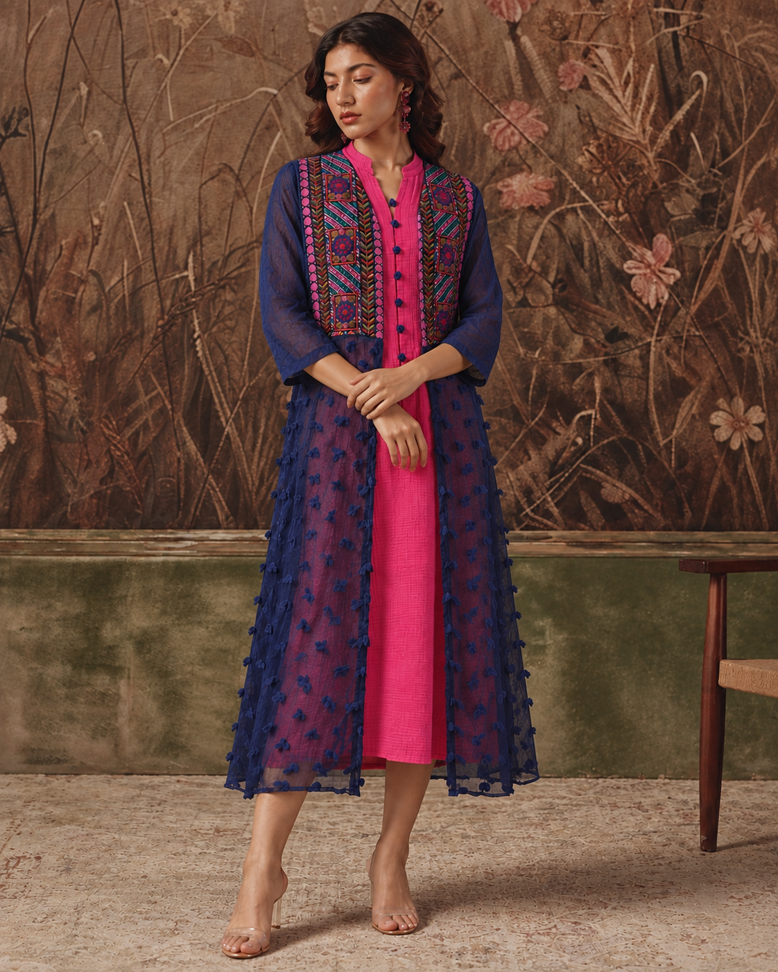 Naavya by House of Somarra — Navy Geometric Embroidered Sheer Tunic Set, product photo 5.
