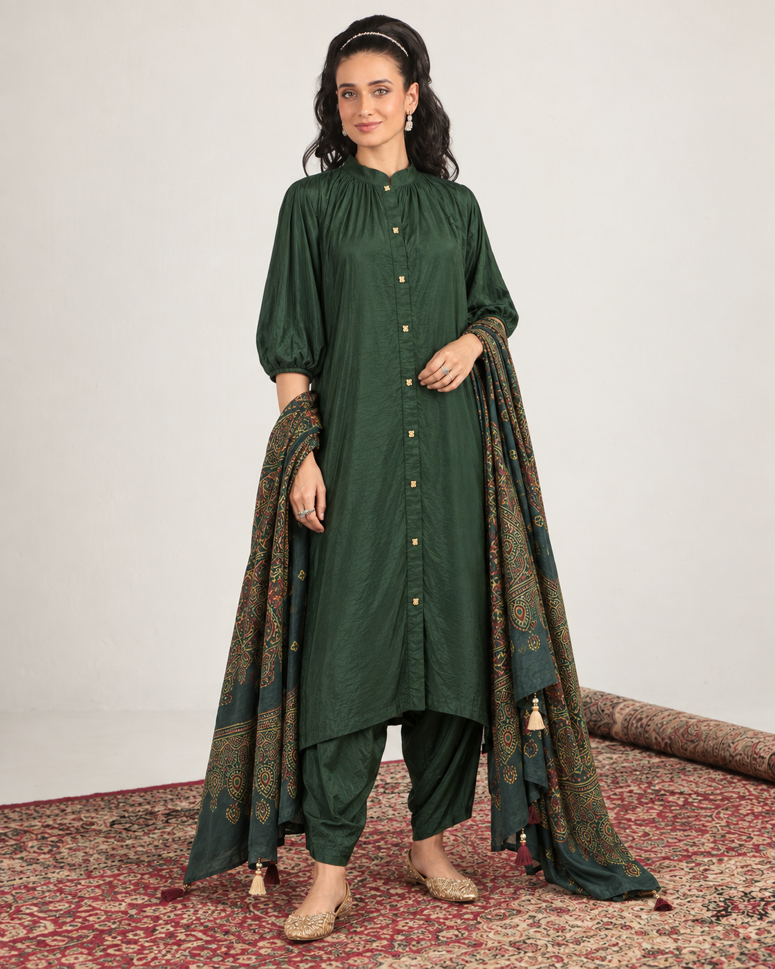 Vanita by House of Somarra — Forest Green Button Front Set, product photo 1.