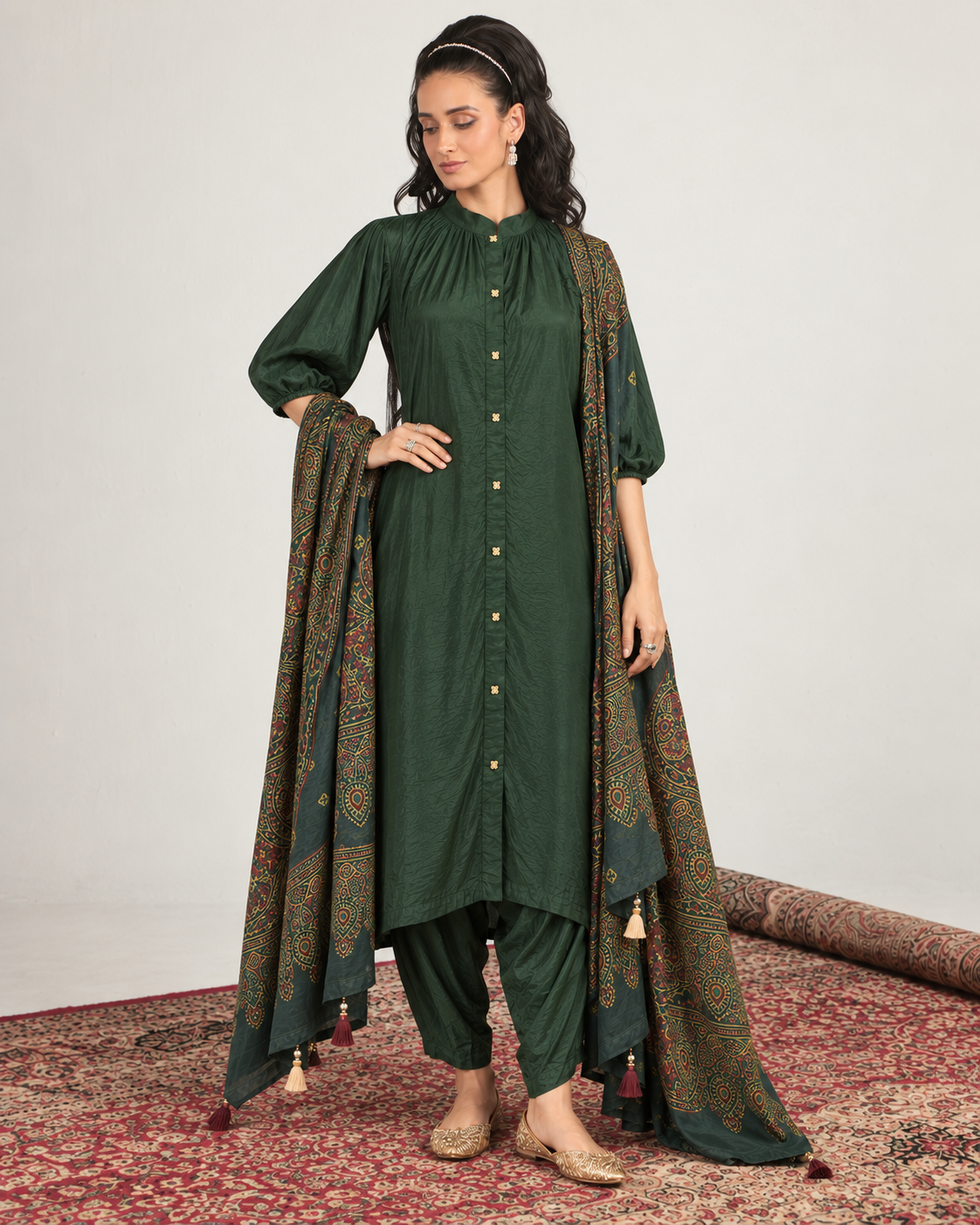 Vanita by House of Somarra — Forest Green Button Front Set, product photo 2.