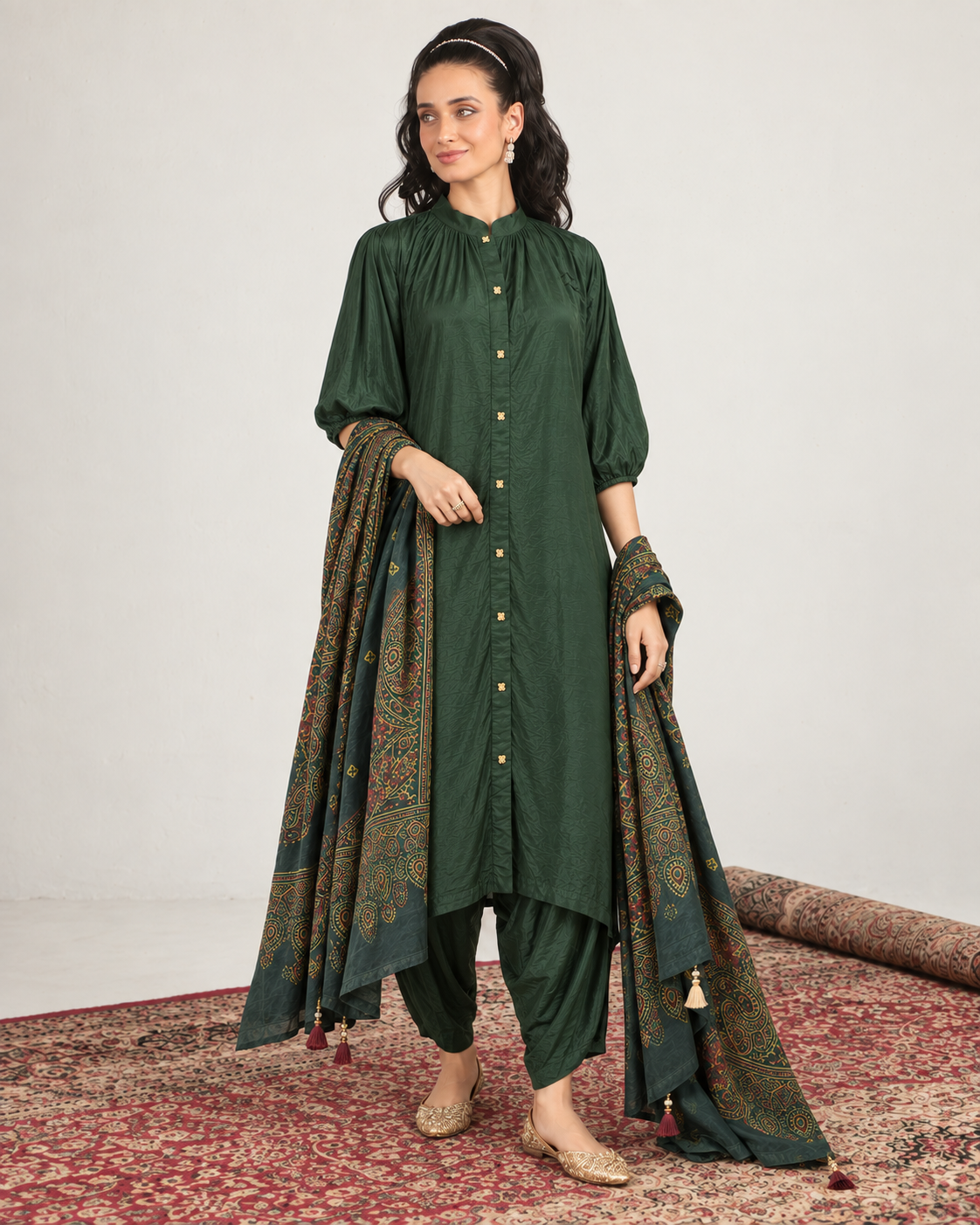 Vanita by House of Somarra — Forest Green Button Front Set, product photo 3.