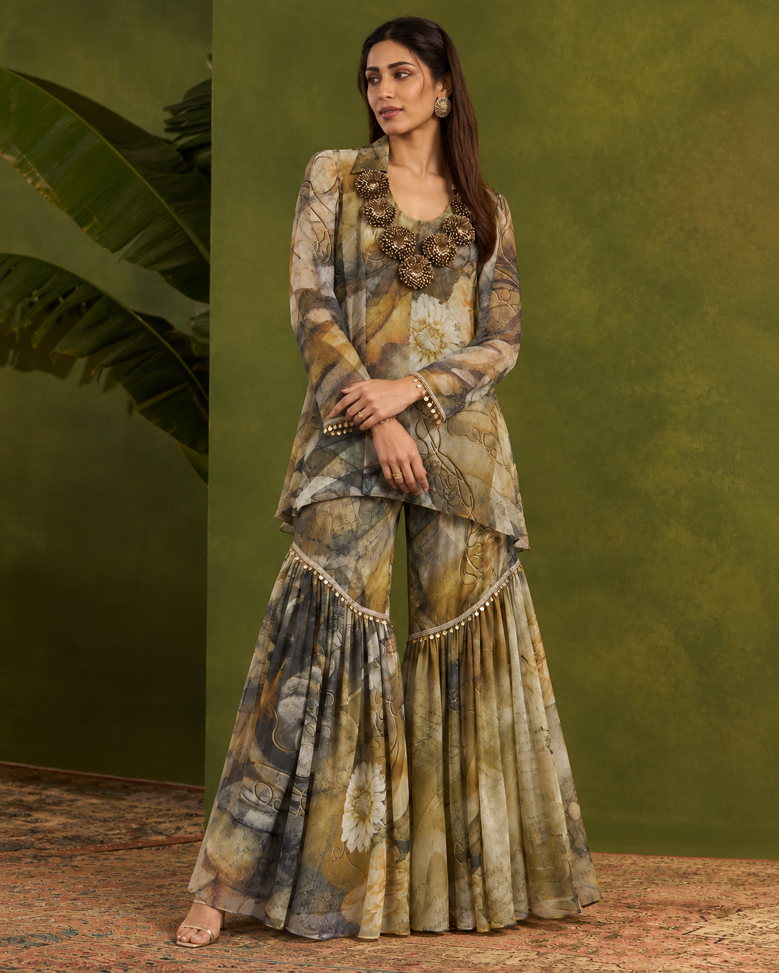 Malvika by House of Somarra — Earth Floral Rosette Gharara Set, product photo 1.