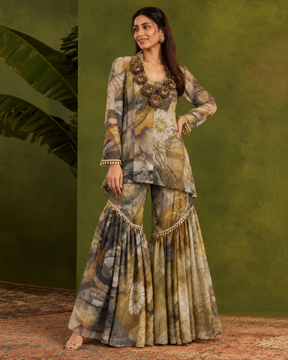 Malvika by House of Somarra — Earth Floral Rosette Gharara Set, product photo 4.