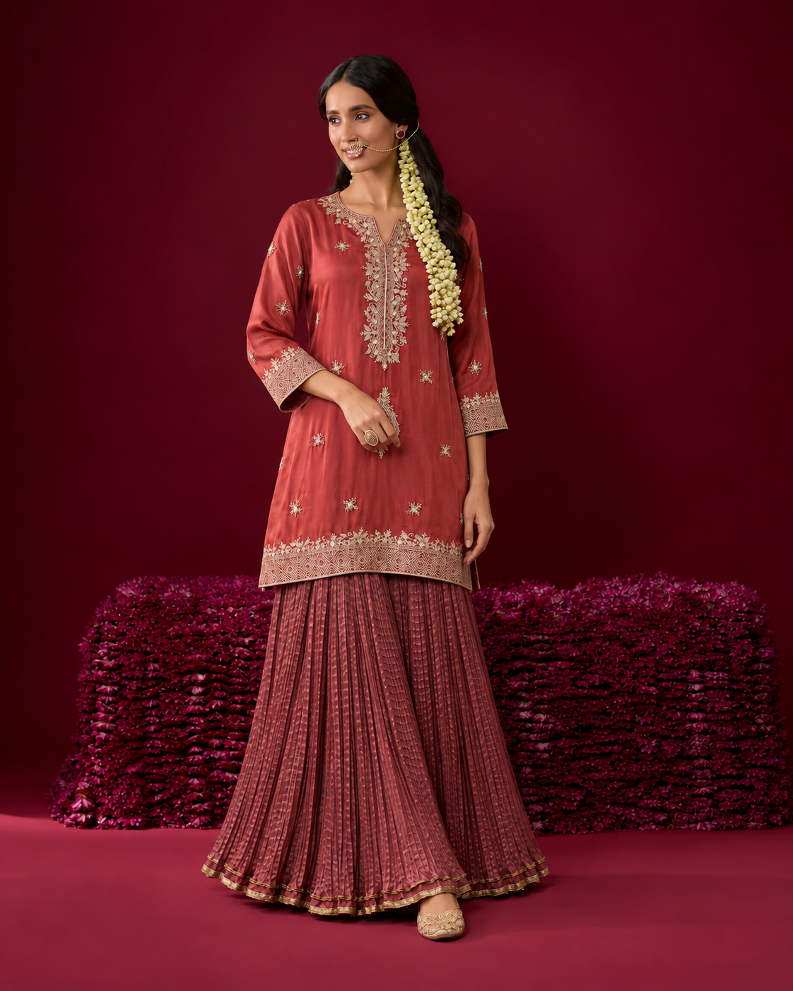 Ahalya by House of Somarra — Coral Jewel Kurta Mauve Pleated Set, product photo 3.