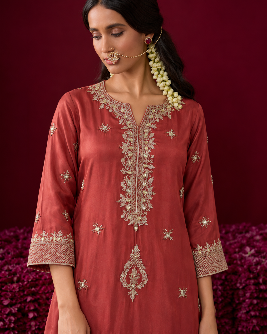 Ahalya by House of Somarra — Coral Jewel Kurta Mauve Pleated Set, product photo 4.