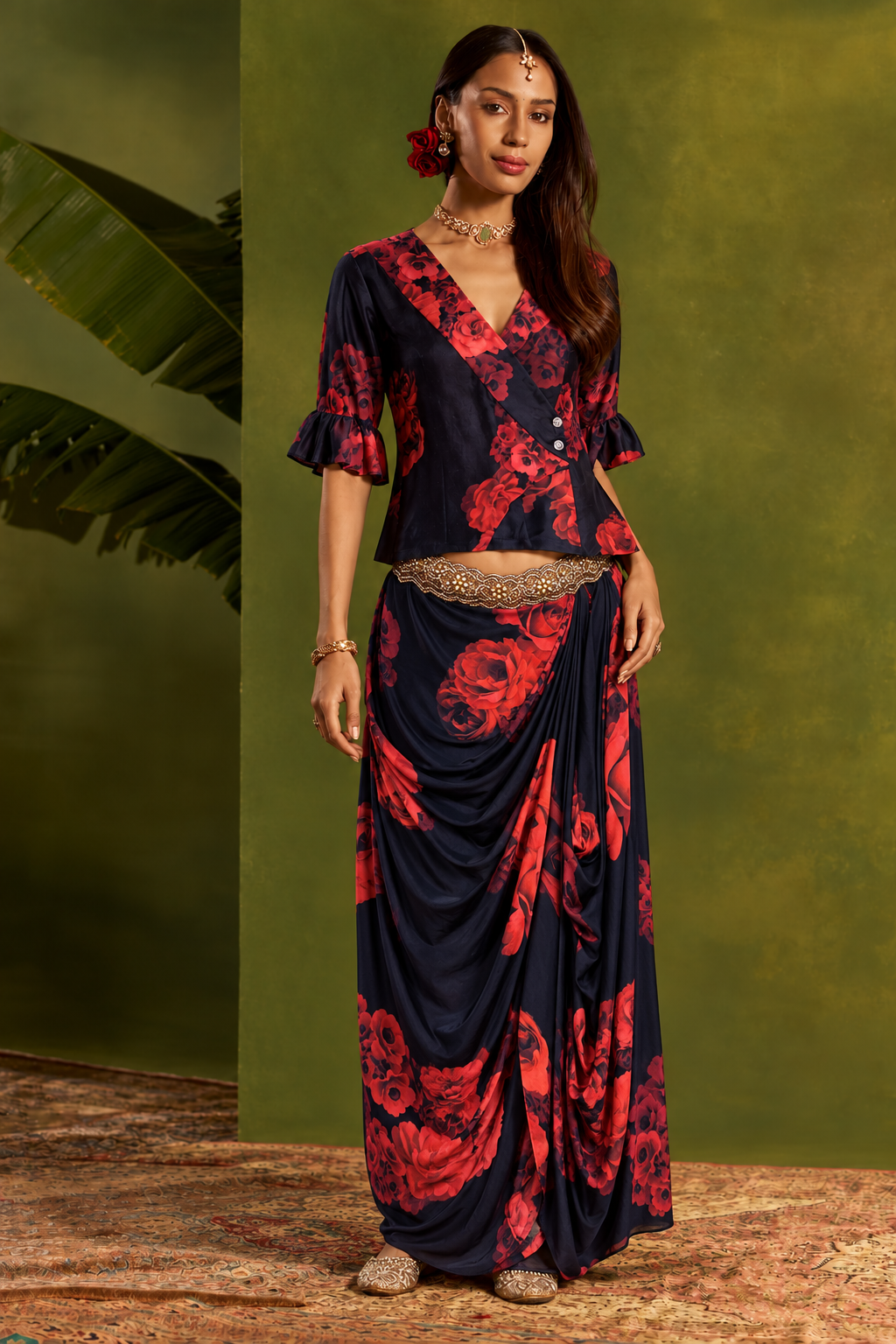 Rosana: Navy Rose-Print Blouse & Cowled Skirt Set — product photo 1