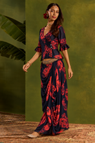 Rosana: Navy Rose-Print Blouse & Cowled Skirt Set — product photo 2