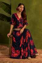 Rosana: Navy Rose-Print Blouse & Cowled Skirt Set — product photo 3