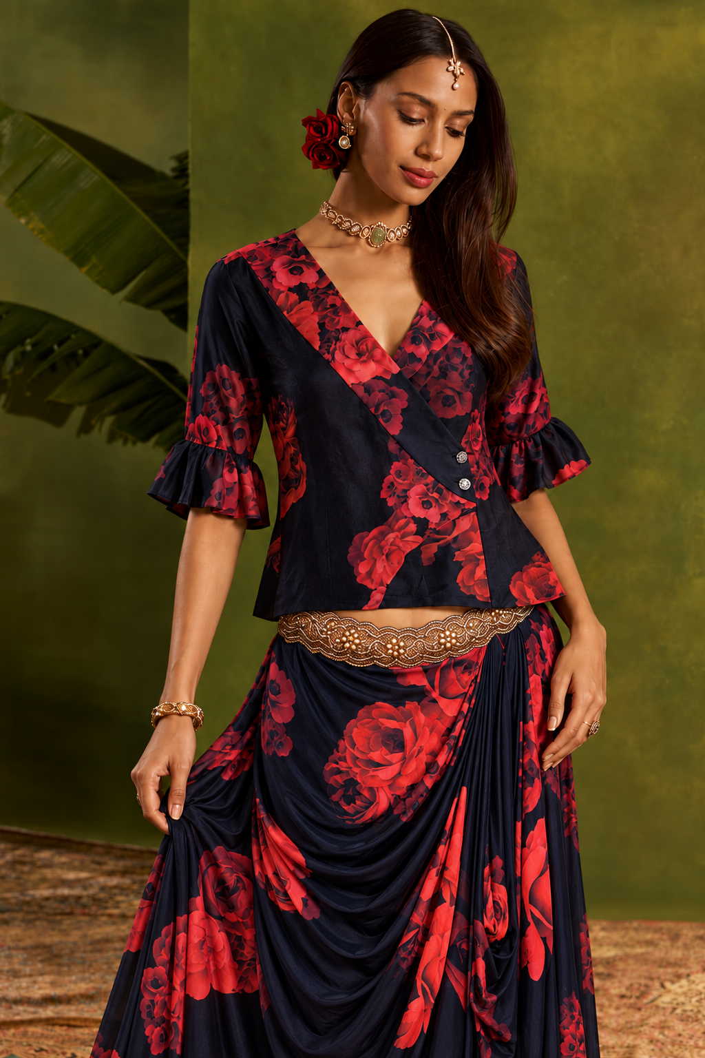 Rosana: Navy Rose-Print Blouse & Cowled Skirt Set — product photo 4