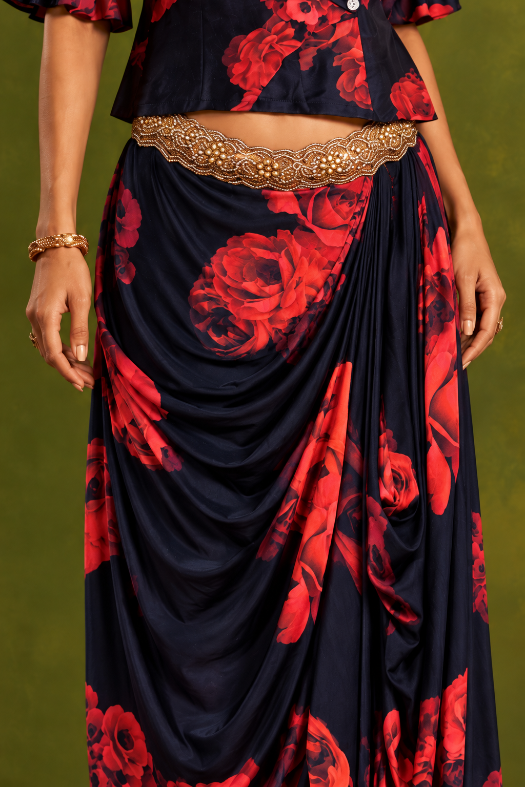 Rosana: Navy Rose-Print Blouse & Cowled Skirt Set — product photo 5