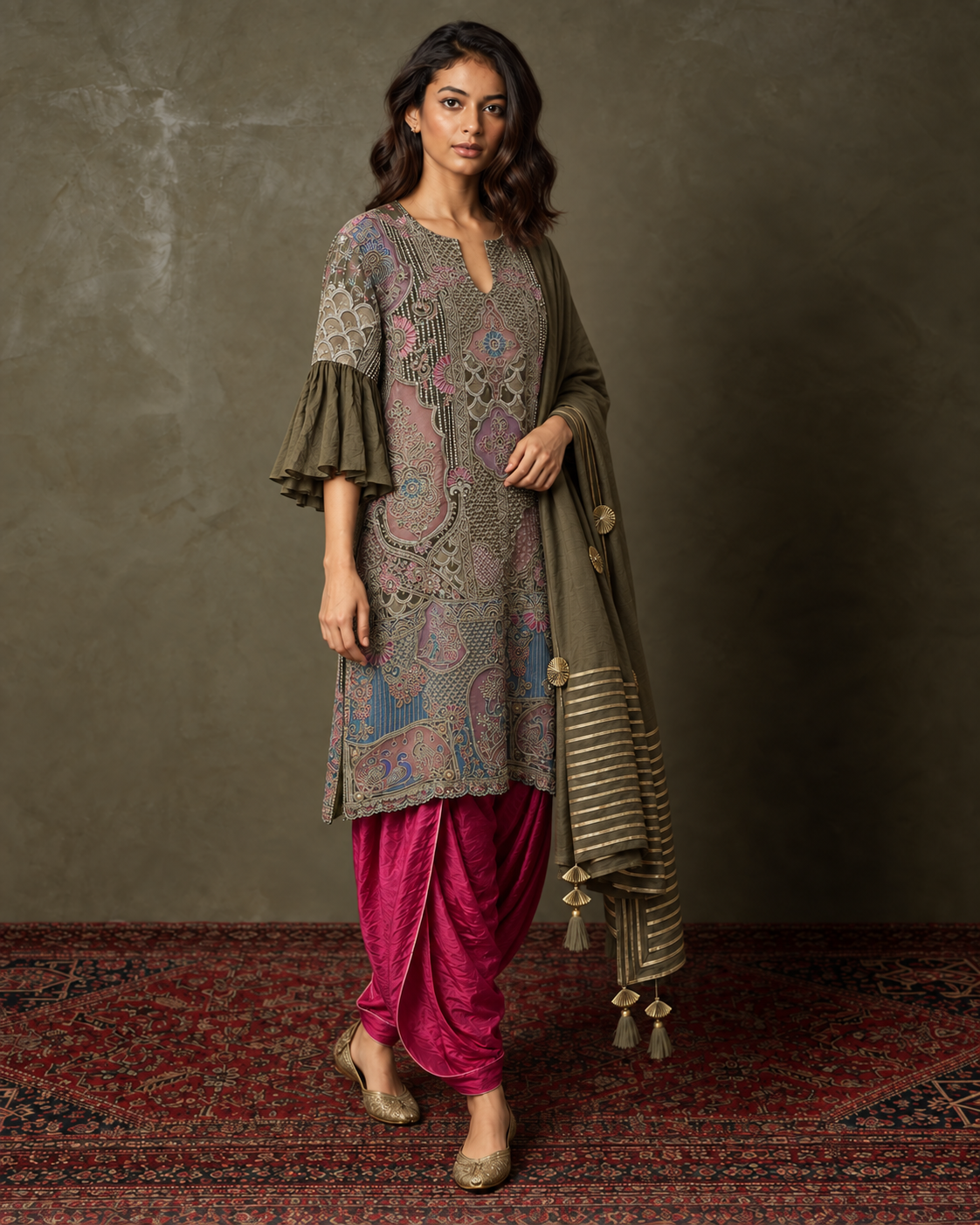 Olive & Magenta Embroidered Three-Piece Dhoti Set — Product photo 2