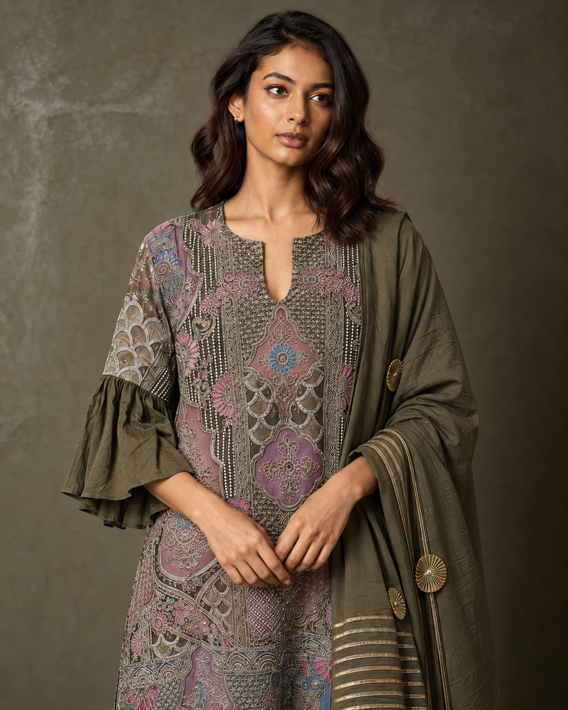 Olive & Magenta Embroidered Three-Piece Dhoti Set — Product photo 3
