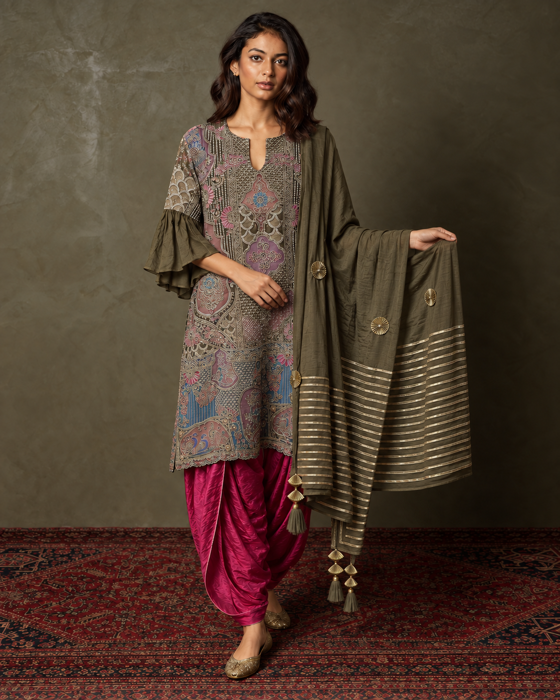 Olive & Magenta Embroidered Three-Piece Dhoti Set — Product photo 4