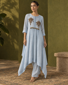 Powder Blue Palm-Motif High-Low Kurta Set — Product photo 1