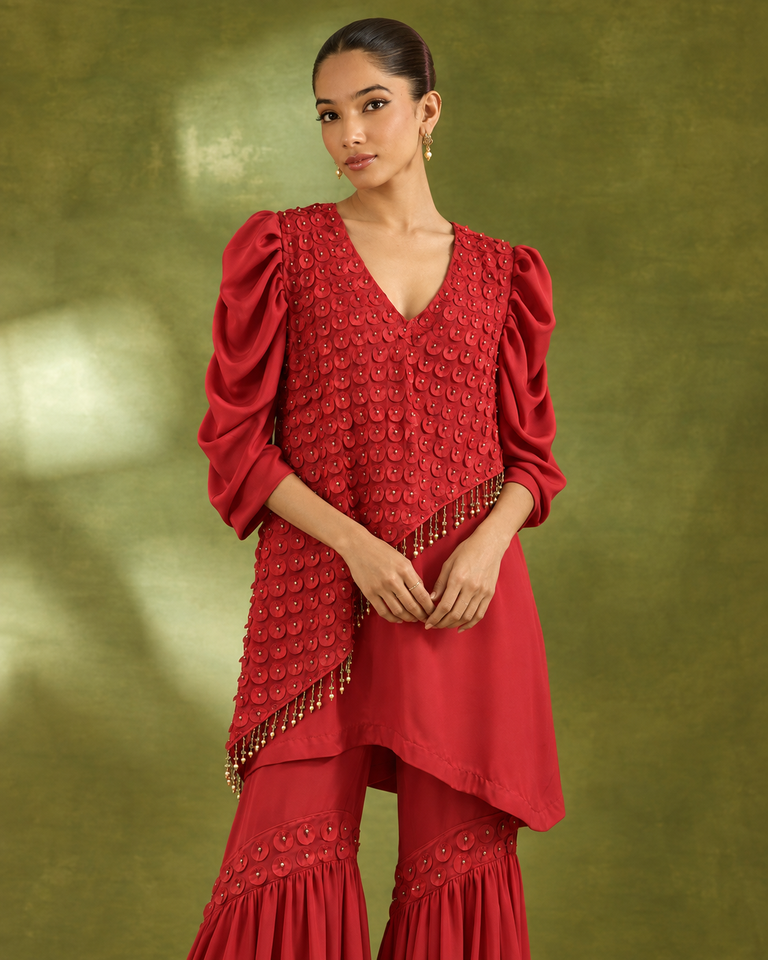 Red Asymmetric Petal Top & Flared Bottom Set — Product photo 3