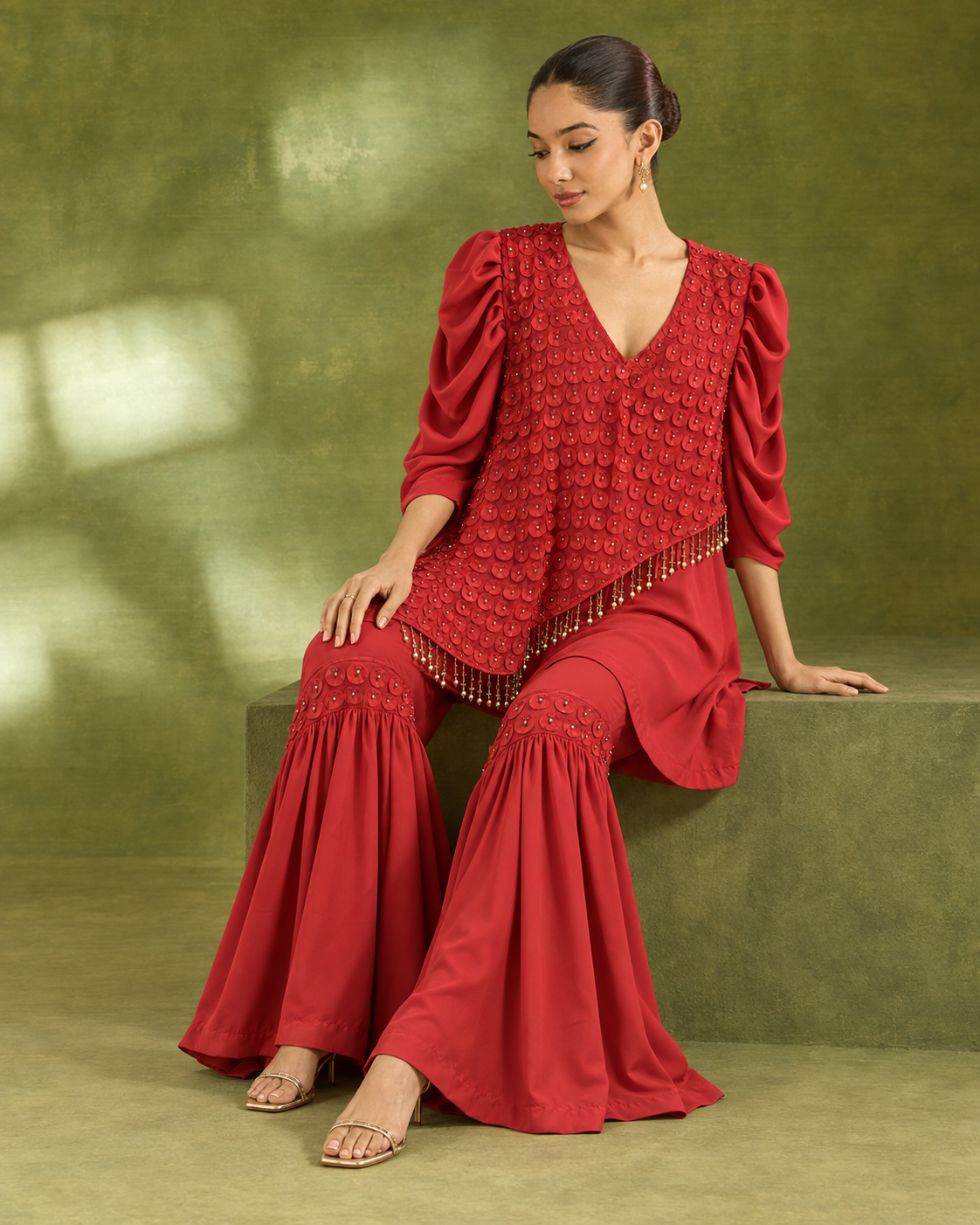 Red Asymmetric Petal Top & Flared Bottom Set — Product photo 4