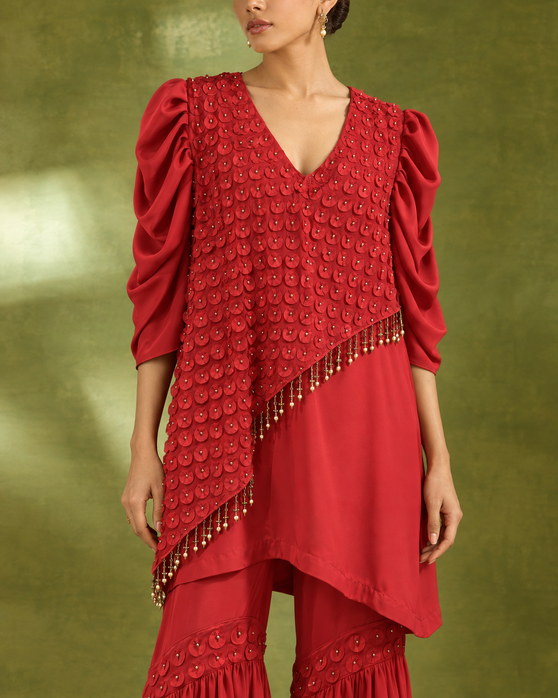 Red Asymmetric Petal Top & Flared Bottom Set — Product photo 5