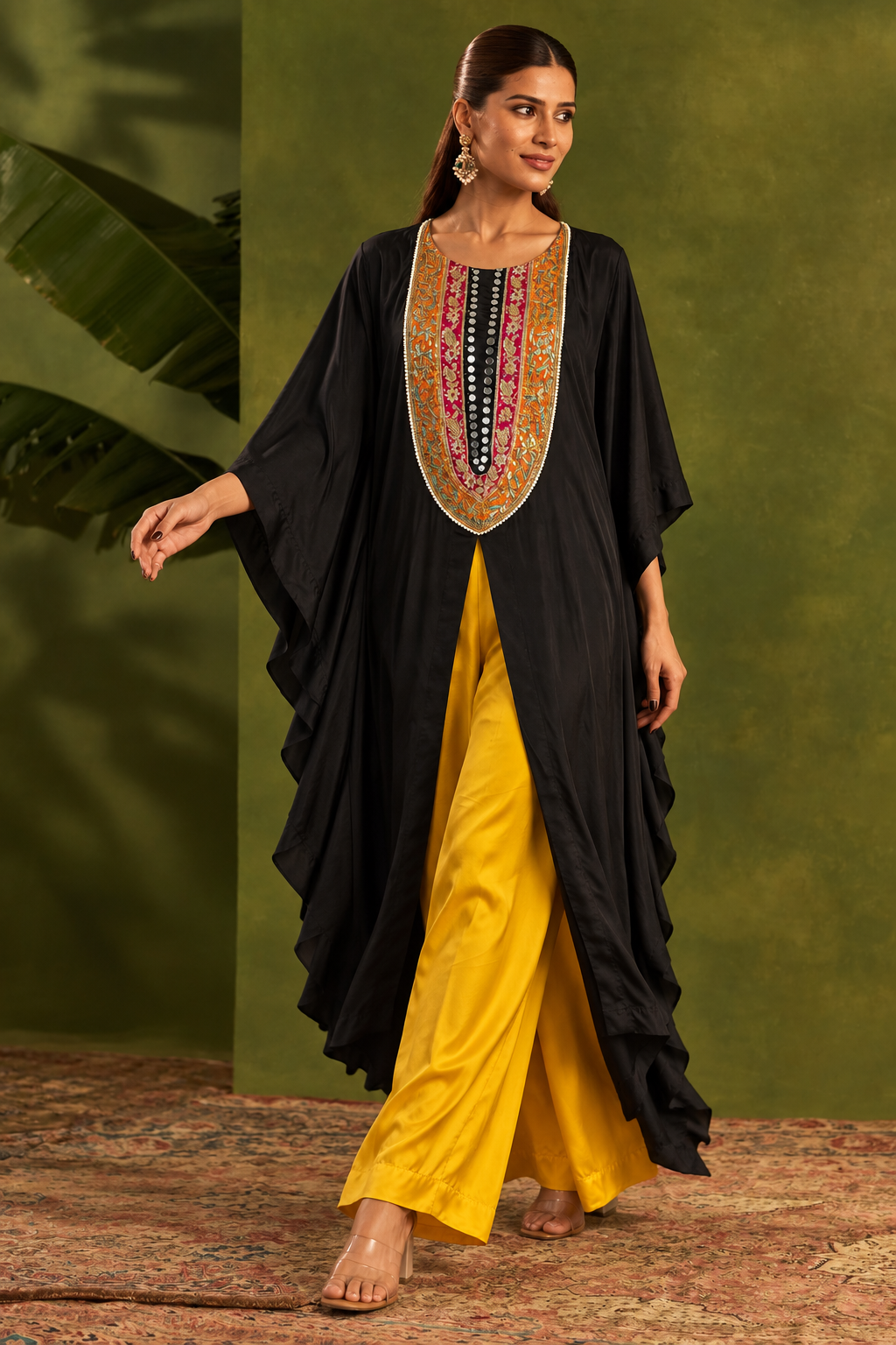 Black & Mustard Mirror-Yoke Kaftan Set — Product photo 2