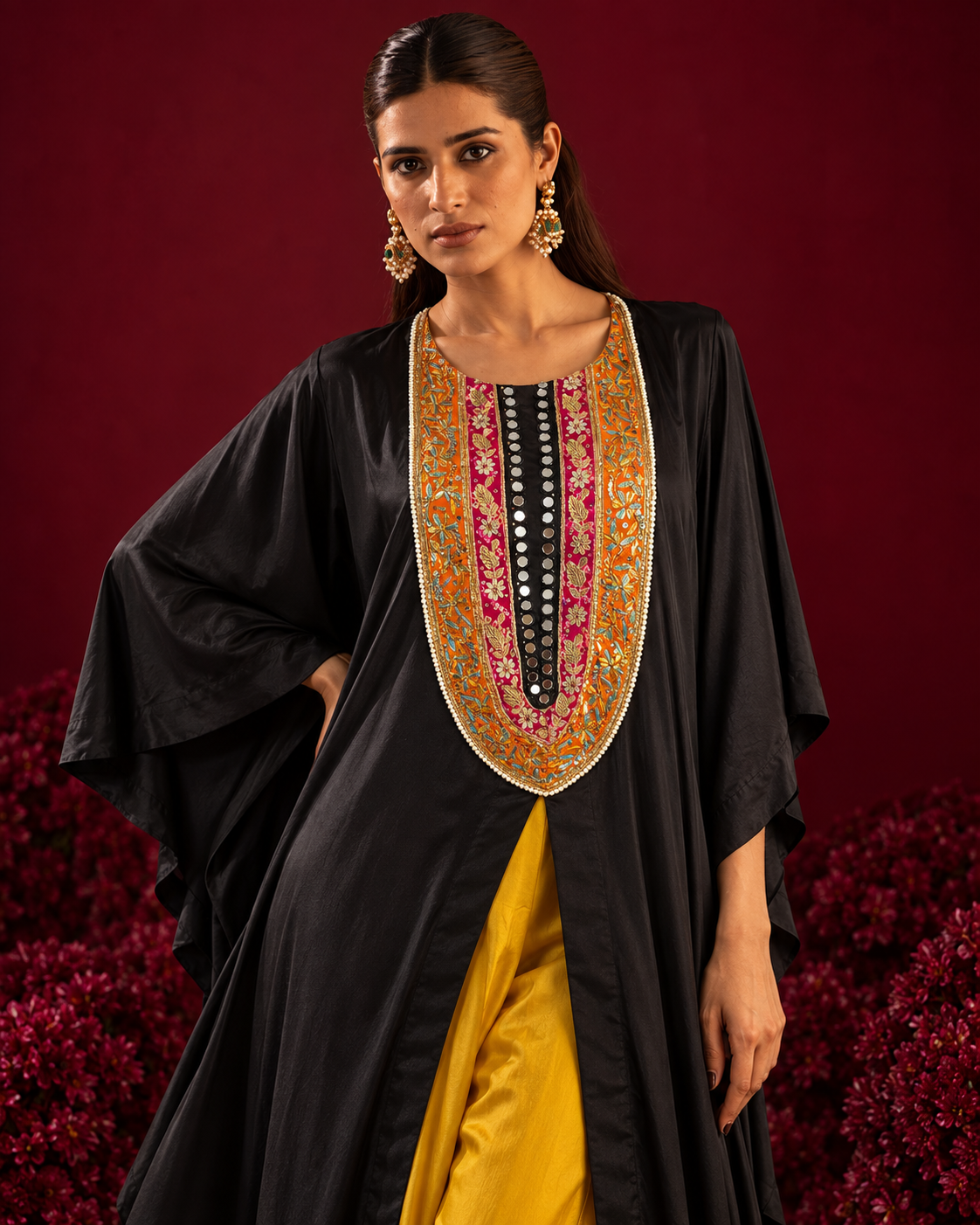 Black & Mustard Mirror-Yoke Kaftan Set — Product photo 4
