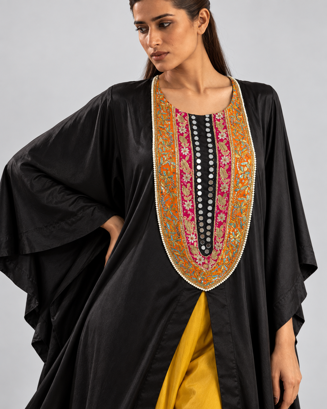Black & Mustard Mirror-Yoke Kaftan Set — Product photo 5