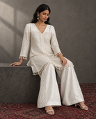 Ivory Silver-Lattice Tunic & Wide Pant Set — Product photo 4