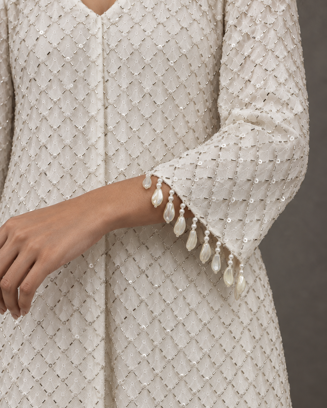 Ivory Silver-Lattice Tunic & Wide Pant Set — Product photo 5
