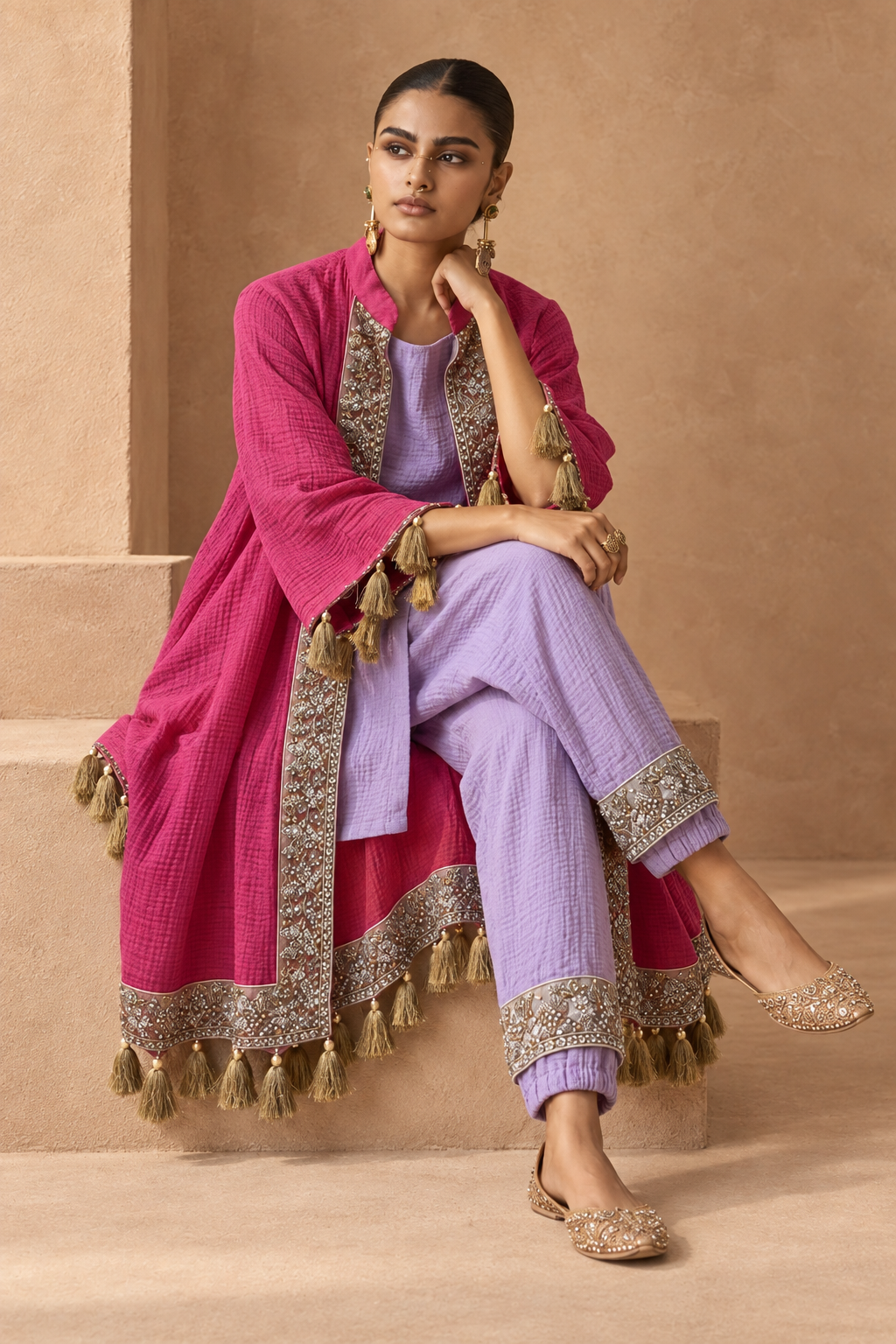 Fuchsia Embroidered Jacket & Lilac Dhoti Set — Product photo 3