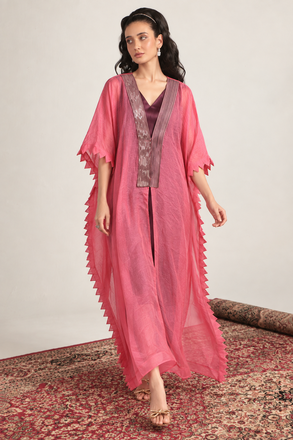 Coral Pink Sheer-Striped Kaftan Set — Product photo 2