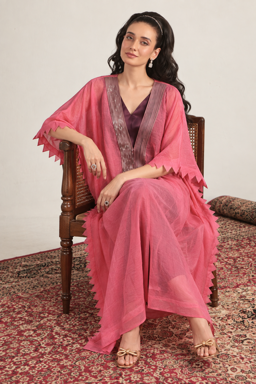 Coral Pink Sheer-Striped Kaftan Set — Product photo 3