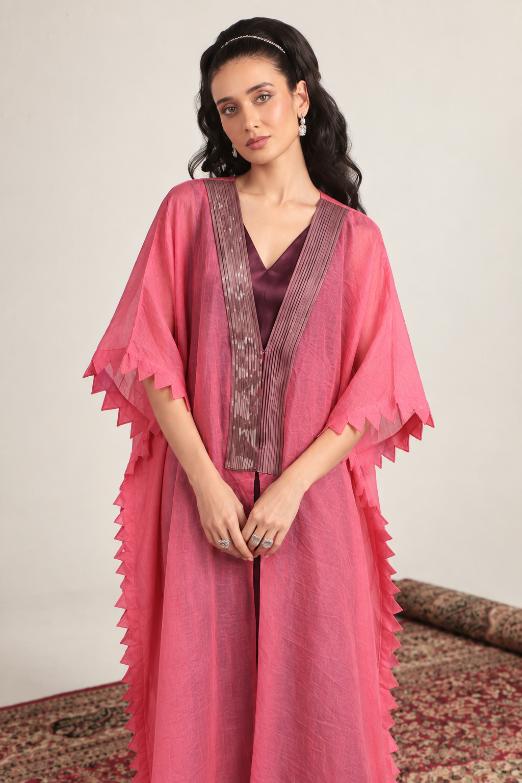 Coral Pink Sheer-Striped Kaftan Set — Product photo 4
