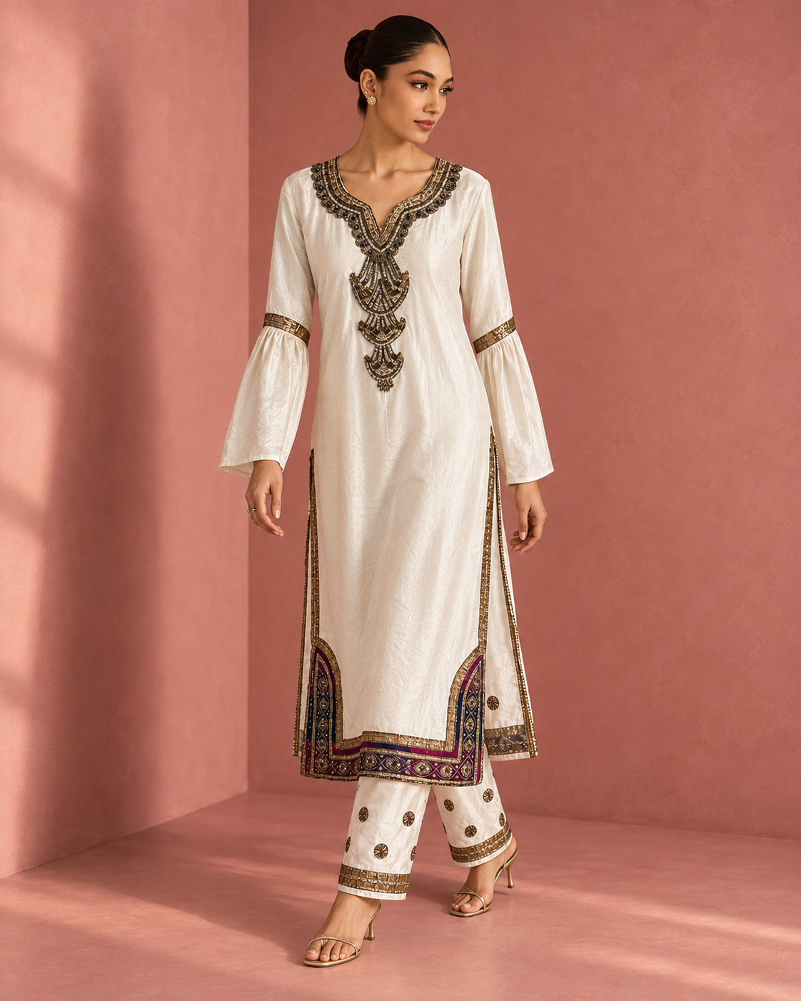 Ivory Gold-Jewel Border Kurta Set — Product photo 2