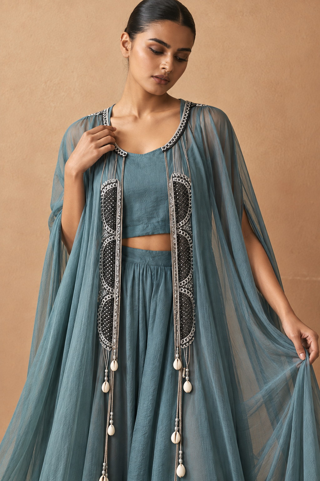 Teal Three-Piece Cape & Dhoti Set — Product photo 5