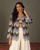 Silver-Blue & Bronze Scalloped Jacket Three-Piece Set — Product photo 3