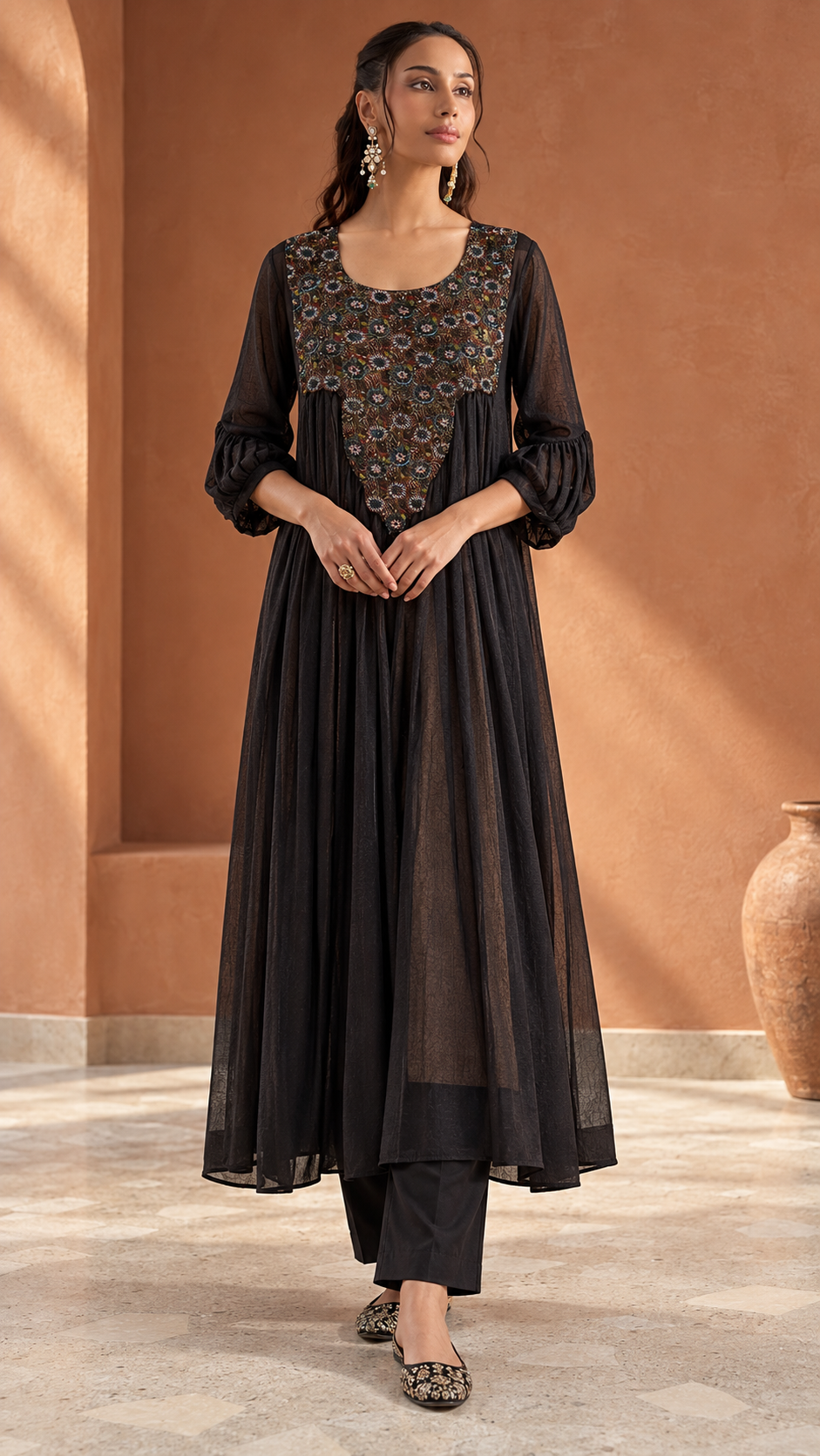 Charcoal Embroidered Kurti & Straight Pant Set — Product photo 1