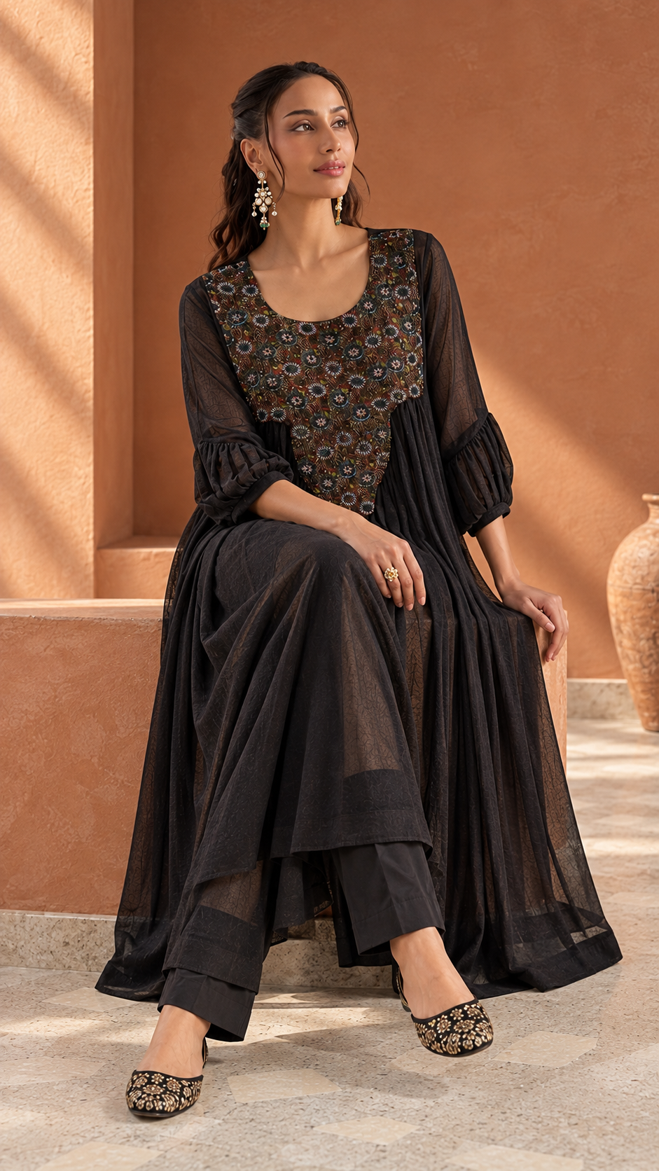 Charcoal Embroidered Kurti & Straight Pant Set — Product photo 3