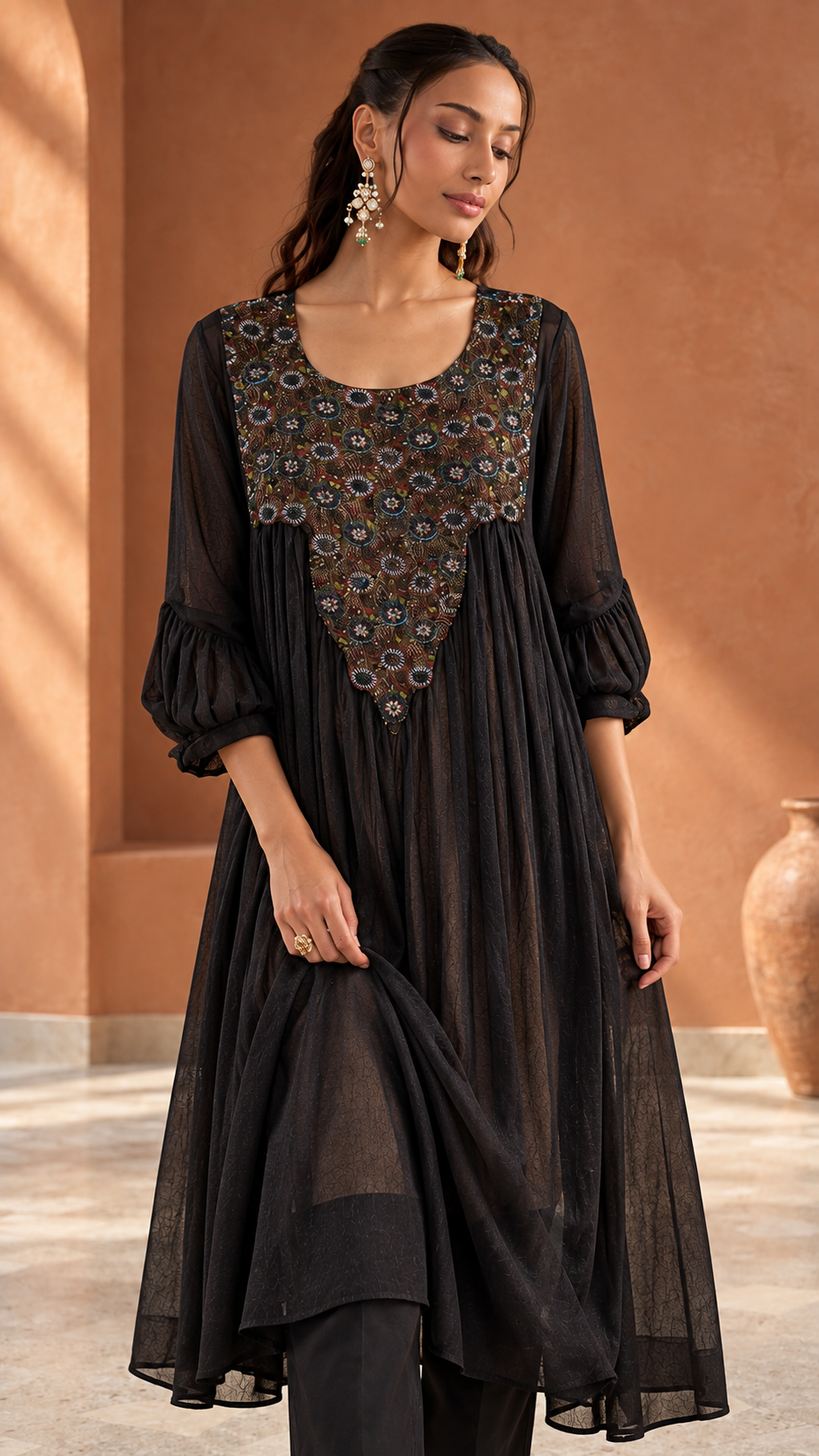 Charcoal Embroidered Kurti & Straight Pant Set — Product photo 4