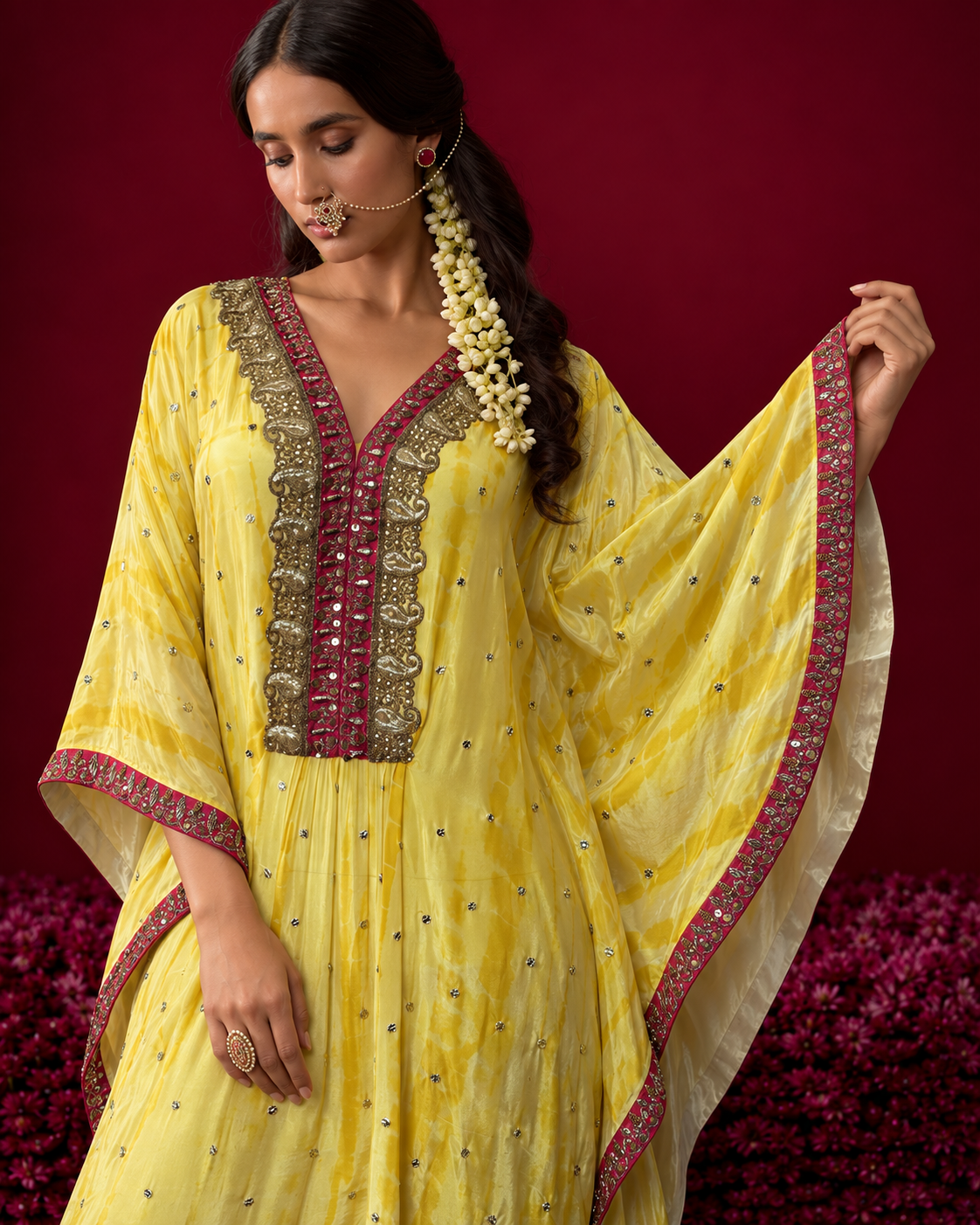 Amara by House of Somarra — Close-up showing the embroidered front and wide sleeve border.