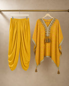 Hanger packshot of the Sunehri yellow tie-dye Chanderi silk kaftan and soft mul-cotton cowled dhoti