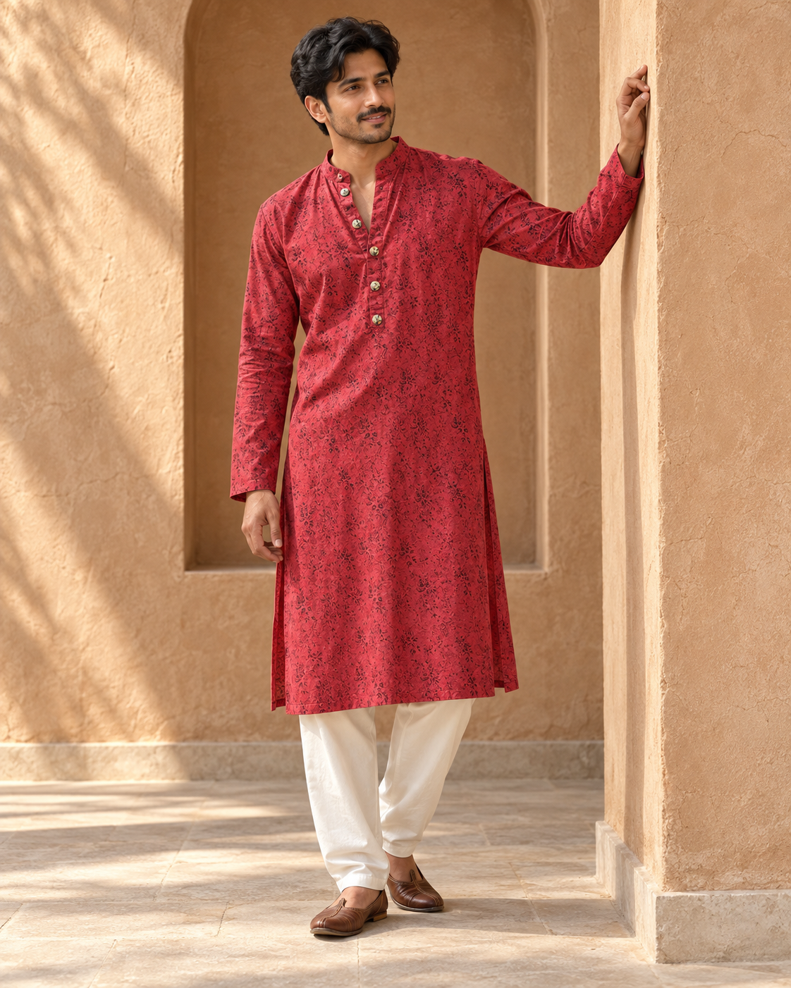 Surkh: Raspberry Botanical Print Men's Kurta Set — full-length view of the set.