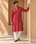 Surkh: Raspberry Botanical Print Men's Kurta Set — full-length view of the set.