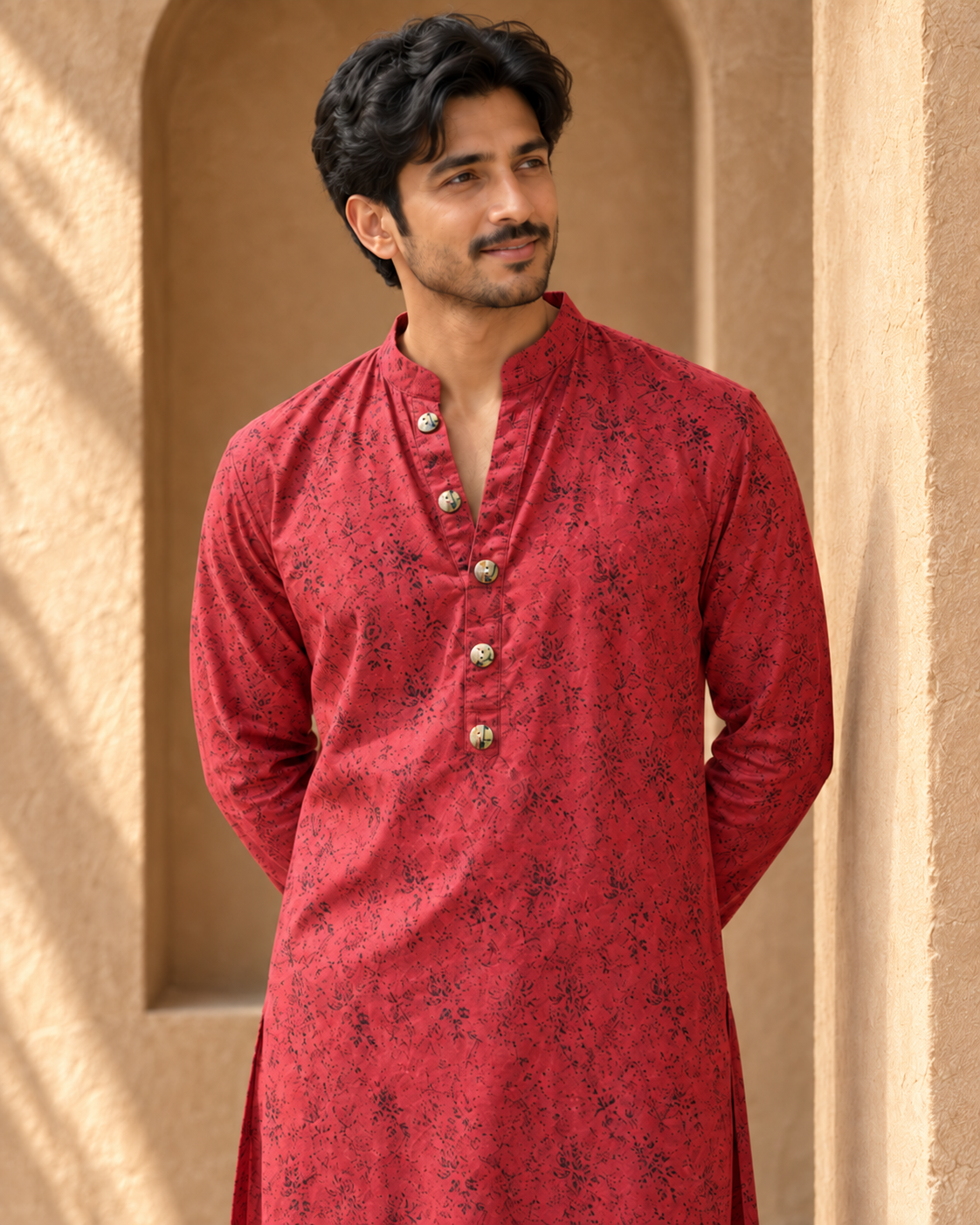 Surkh: Raspberry Botanical Print Men's Kurta Set — portrait view of the kurta set.