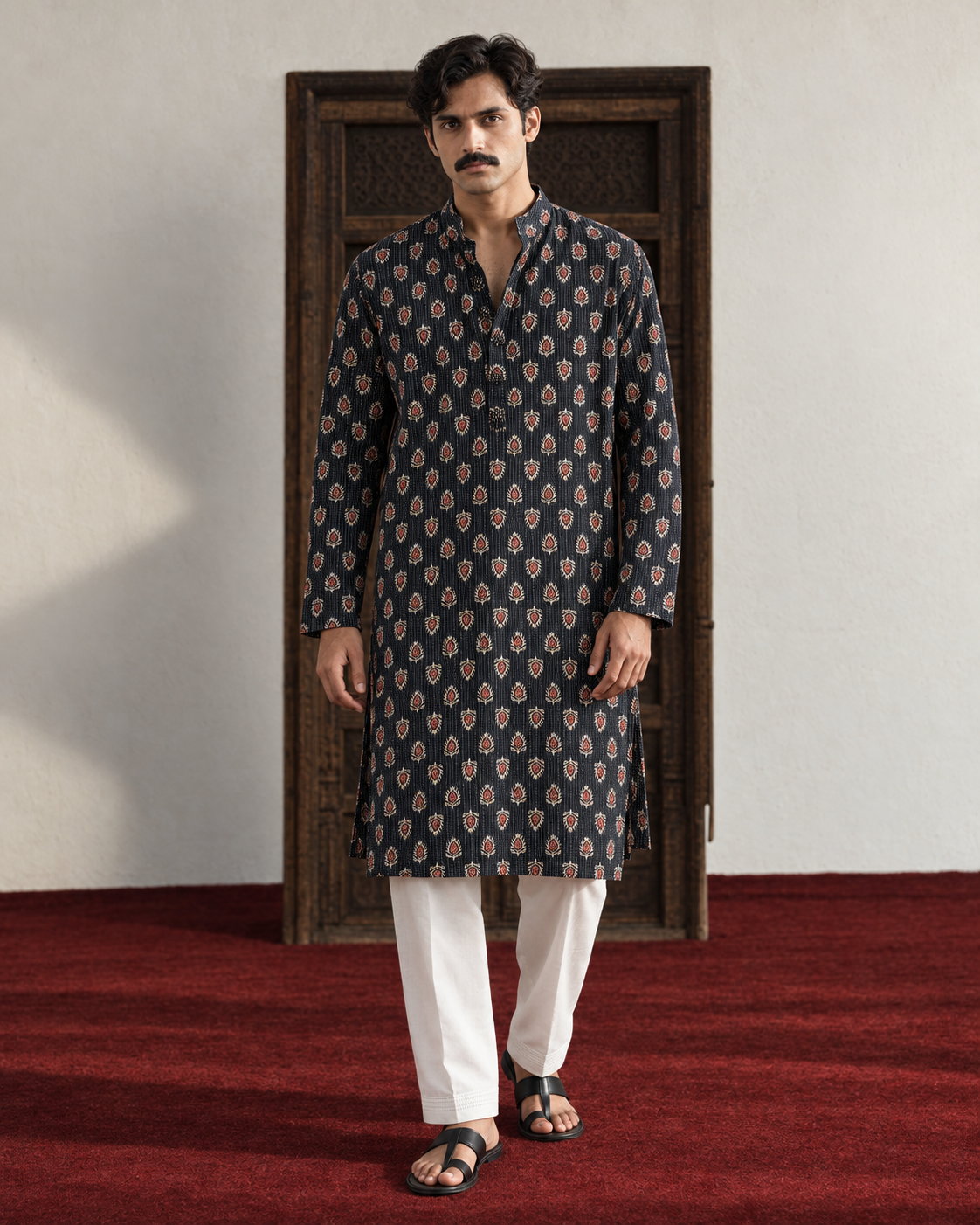 Syaahi: Dark Indigo Floral Men's Kurta Set — full-length view of the set.