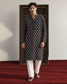 Syaahi: Dark Indigo Floral Men's Kurta Set — full-length view of the set.