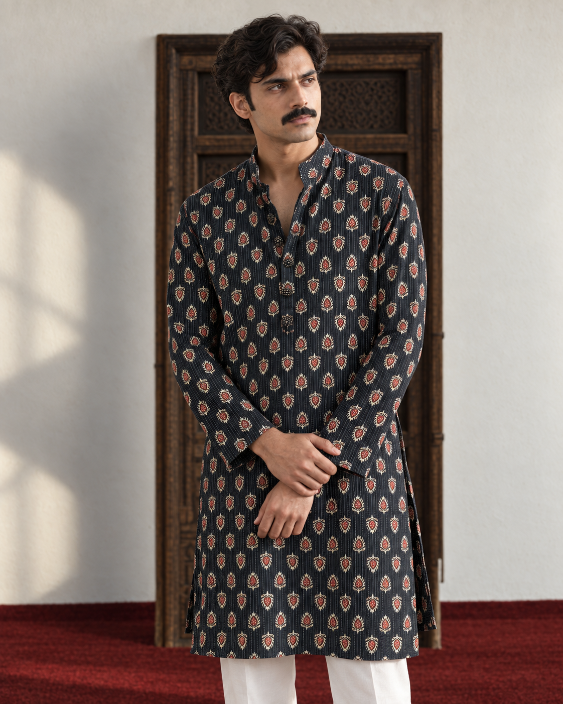 Syaahi: Dark Indigo Floral Men's Kurta Set — portrait view of the kurta set.
