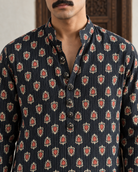 Syaahi: Dark Indigo Floral Men's Kurta Set — close-up of the garment details.