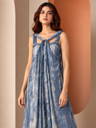 Tisya by House of Somarra — Portrait view of the gathered neckline and blue tie-dye pattern.