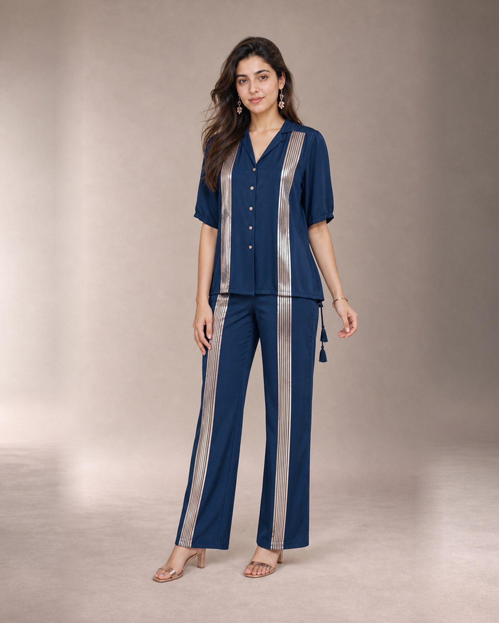 Tarini: Peacock Blue Rose-Gold Band Co-ord Set – hero front